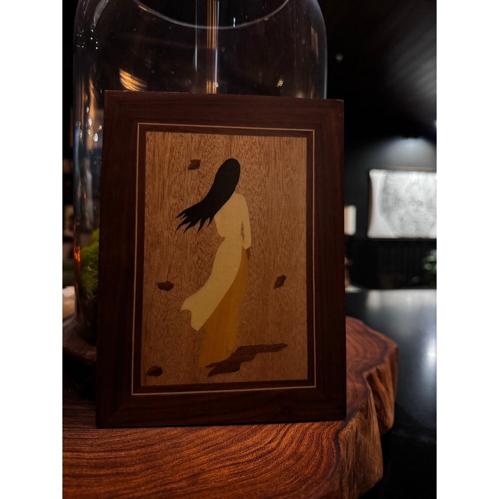 Vintage Wood inlay marquetry wall art panel of a woman